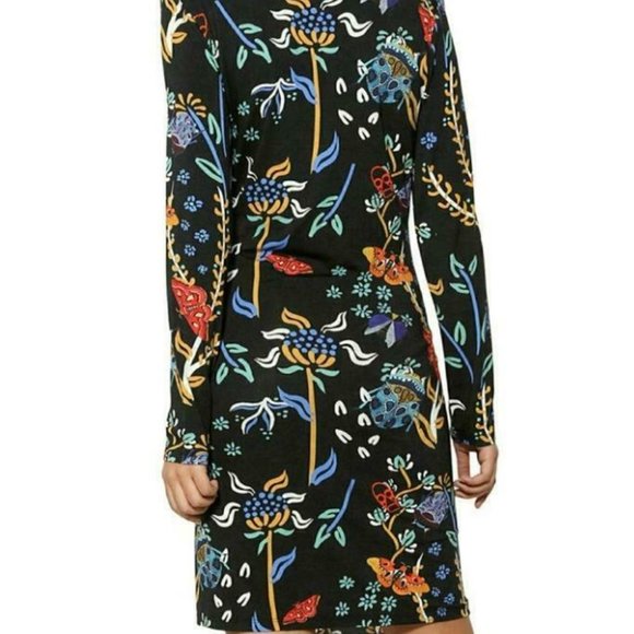 Desigual Bridie Womens L Floral Mock Wrap Dress Black Rayon Spandex Long Sleeve - Picture 2 of 10
